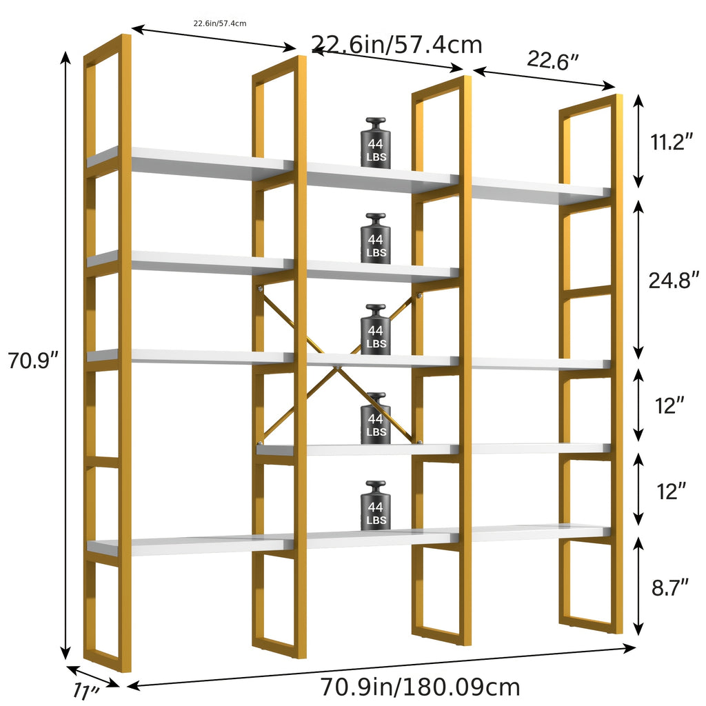 Industrial Bookcase, 71-Inch 5-Tier Triple-Wide Geometric Display Shelf for Home or Office