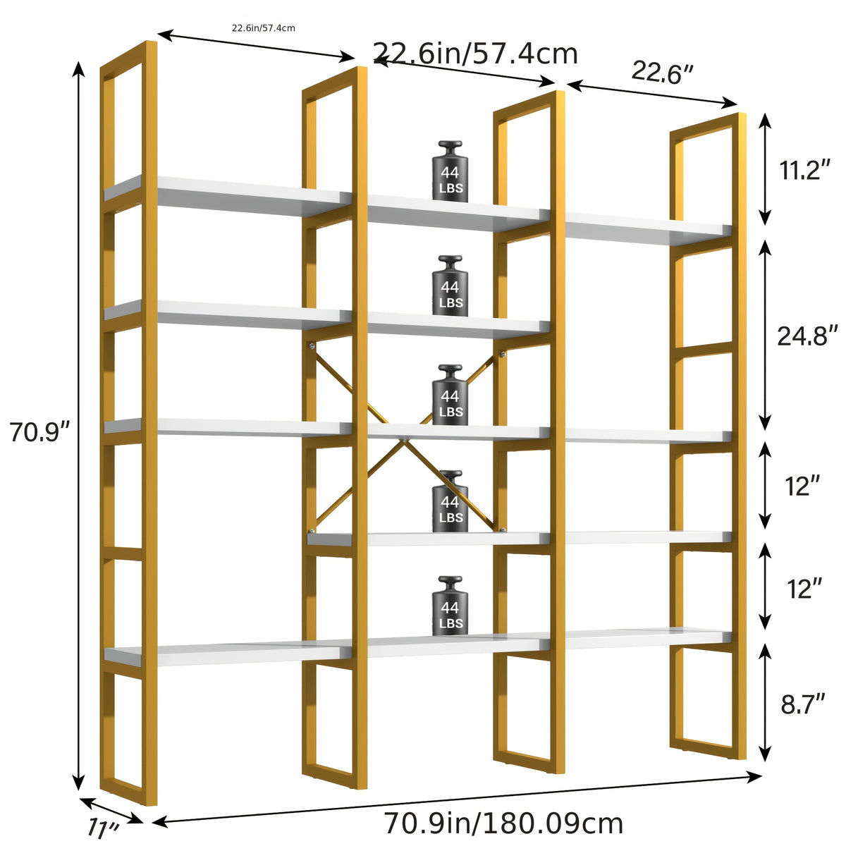 Industrial Bookcase, 71-Inch 5-Tier Triple-Wide Geometric Display Shelf for Home or Office