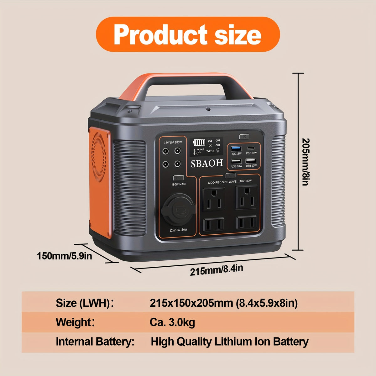 SBAOH Portable Power Station, 300W 296Wh/ 150W 155Wh Power Supply 110V AC Outlet/Fast Charging/Dc Port And LED Flashlight for Family Outdoor Travel Camping Emergency Power Outage, Orange