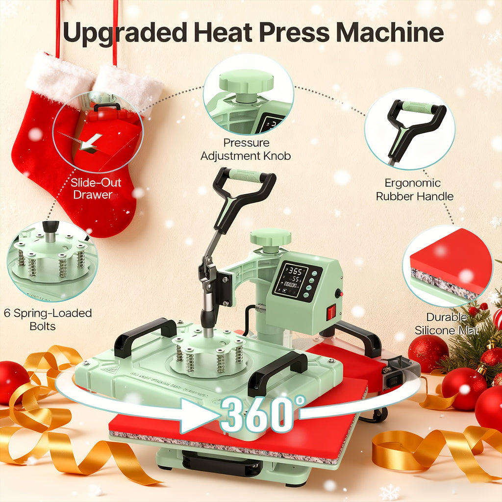 Perfect Christmas Gift, 5/8 in 1 Heat Press Machine 12X15/15X15 Inch Sublimation Heat Press 360° Swing Away Heat Transfer Digital T-Shirt Pressing with 30OZ 20OZ Tumbler Press, Multifunctional Combo for Hat Cap Plate
