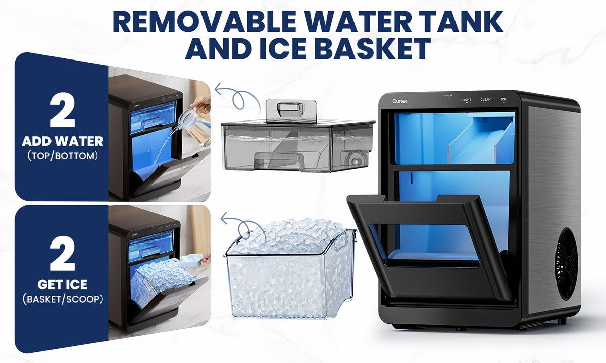 Nugget Ice Maker Countertop, 44 Lbs/Day, Soft Chewable Pebble Ice Machine with Stainless Steel Ice Scoop, for Home, Kitchen, Office, RV & Camping, Stainless Steel, Black