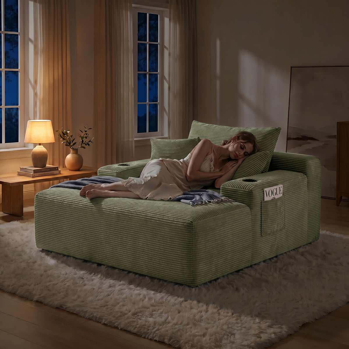 Extra-Large Boneless Sofa Chaise Lounge, with Cup Holder And Side Pockets, Living Room Sofa Chair Bed, Compressible High-Rebound Foldable Recliner, Supportive Pocket Spring System And High-Density Foam Padding, Non-Sinking Convertible Lounge Bed