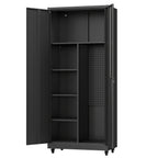 Metal Storage Cabinet with 4 Wheels, 71" H Metal Garage Cabinet, Broom Closet Storage Cabinet with Adjustable Shelves, Tool Storage Cabinets for Garage, Utility Room