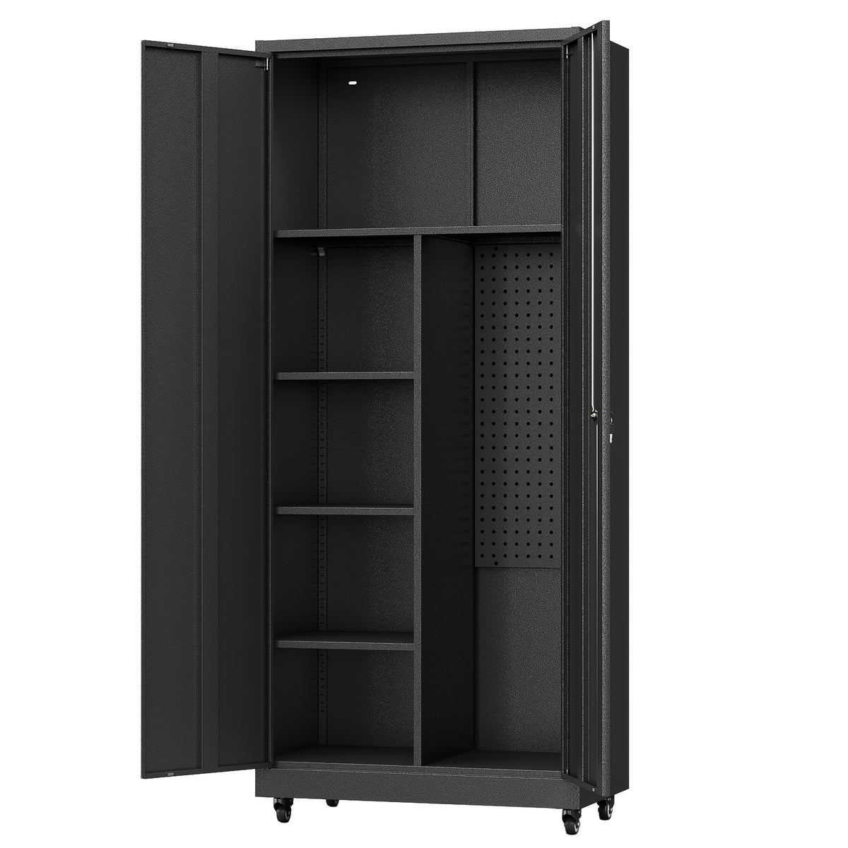 Metal Storage Cabinet with 4 Wheels, 71" H Metal Garage Cabinet, Broom Closet Storage Cabinet with Adjustable Shelves, Tool Storage Cabinets for Garage, Utility Room