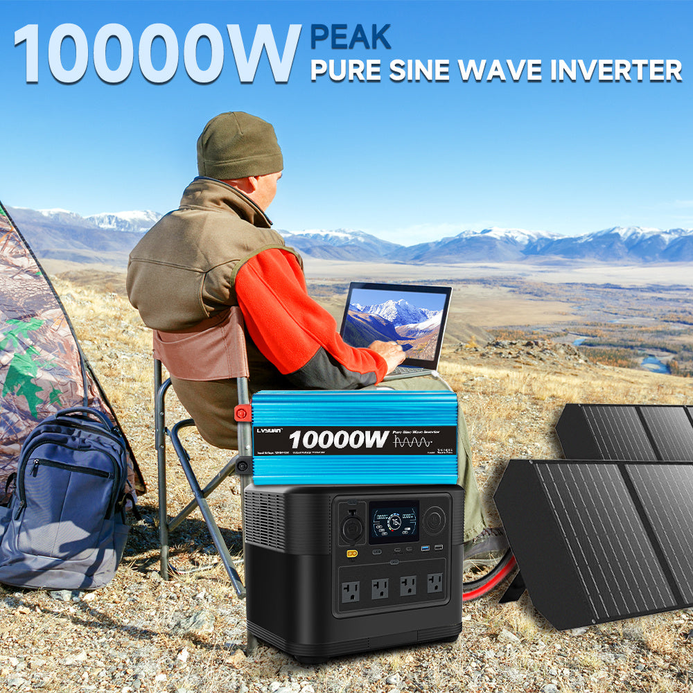 Pure Sine Wave Inverter 10000W (Peak)Car Power Inverter Efficient 12V DC To 110V 120V AC With LCD Display And Remote & Troubleshooting, 4 US Sockets For Vehicles Car Chargers For Home Solar System RV Vans, Without Battery