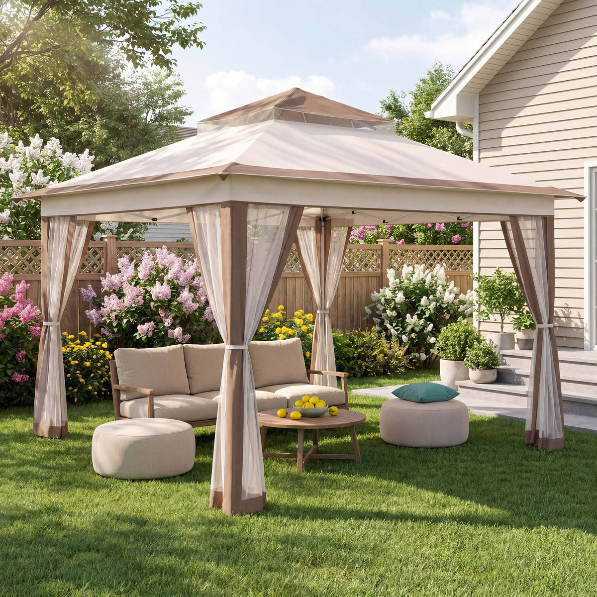 KAMEROUT Canopy Gazebo with Full Mesh Sidewalls, One-Touch Instant Setup Height Adjustable Outdoor Shelter Tent for Patio Backyard Party BBQ