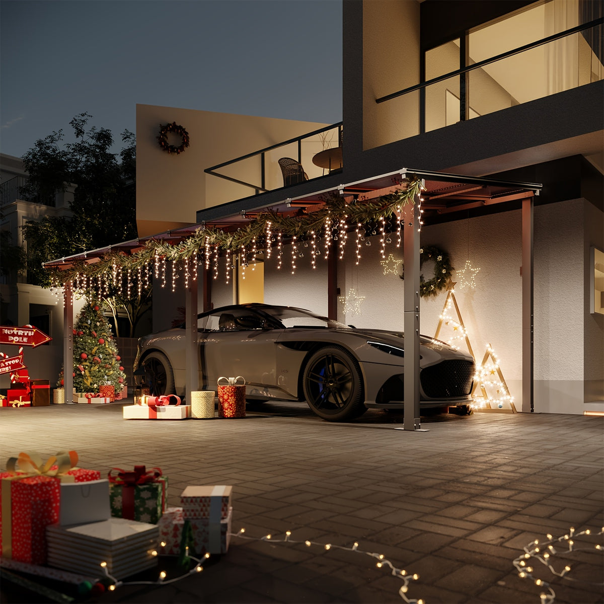 8 X 5FT, 8 X 10FT, 12 X 10FT, 14 X 10FT, 16 X 10FT, 20 X 10FT Outdoor Carport, Sloping Roof Carport, Wall-Mounted Aluminum Carport, Suitable for Outdoor Spaces Such As Porches, Decks, Backyards, Gardens, Etc (Multi-Size Selection)