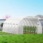 Walk-in Tunnel Greenhouse, 20 x 10 x 7 ft Portable Plant Hot House w/ Galvanized Steel Hoops, 3 Top Beams, Diagonal Poles, 2 Zippered Doors & 12 Roll-up Windows, White