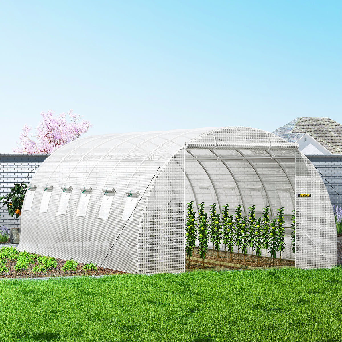 Walk-in Tunnel Greenhouse, 20 x 10 x 7 ft Portable Plant Hot House w/ Galvanized Steel Hoops, 3 Top Beams, Diagonal Poles, 2 Zippered Doors & 12 Roll-up Windows, White