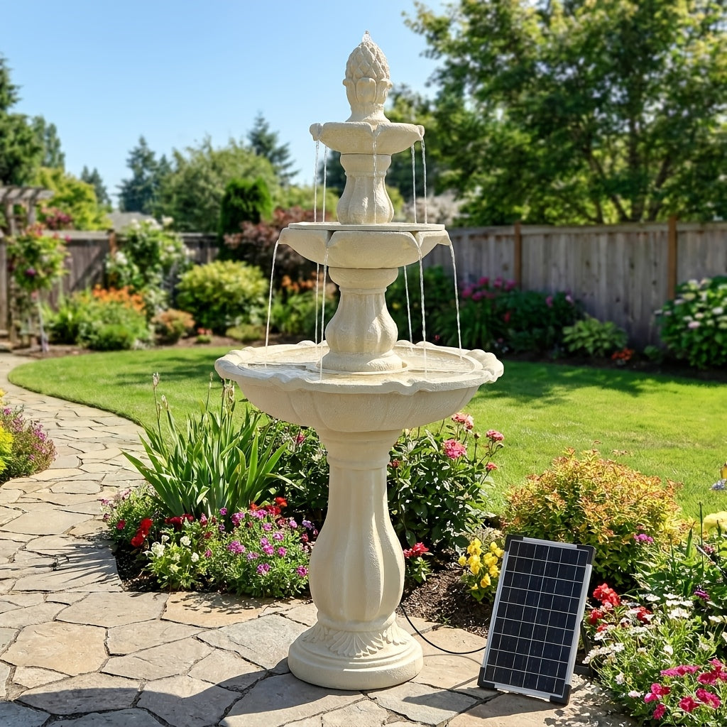 50.5" 3-Tier Solar-Powered Outdoor Water Fountain with Pineapple Finial - Resin Cascading Water Feature, Weather-Resistant for Garden, Patio & Backyard Decor, IPX8 for Pump, And IP65 for Solar Panel, Brown