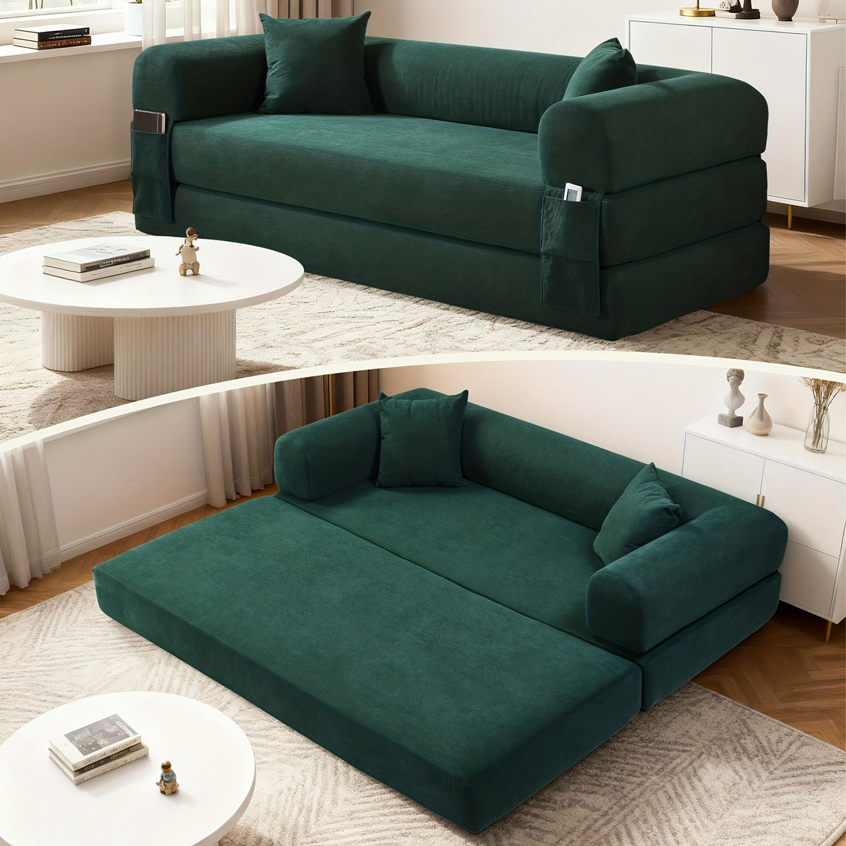 80" Convertible Sofa Bed, 3-in-1 Corduroy Folding Pull Out Couch with Pillows, No Assembly Modern Boneless Couch Compression Sofa In Box, Floor Sofa with Side Storage Pocket for Living Room