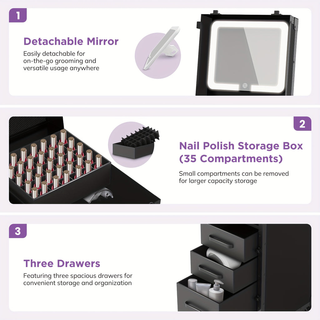 [Portable Foldable Nail Desk] Rolling Portable Manicure Table With Drawers, Mirror And Nail Polish Organizer, Lockable Makeup Train Case, Foldable Nail Desk, Bonus 3pcs Eyebrow Razors