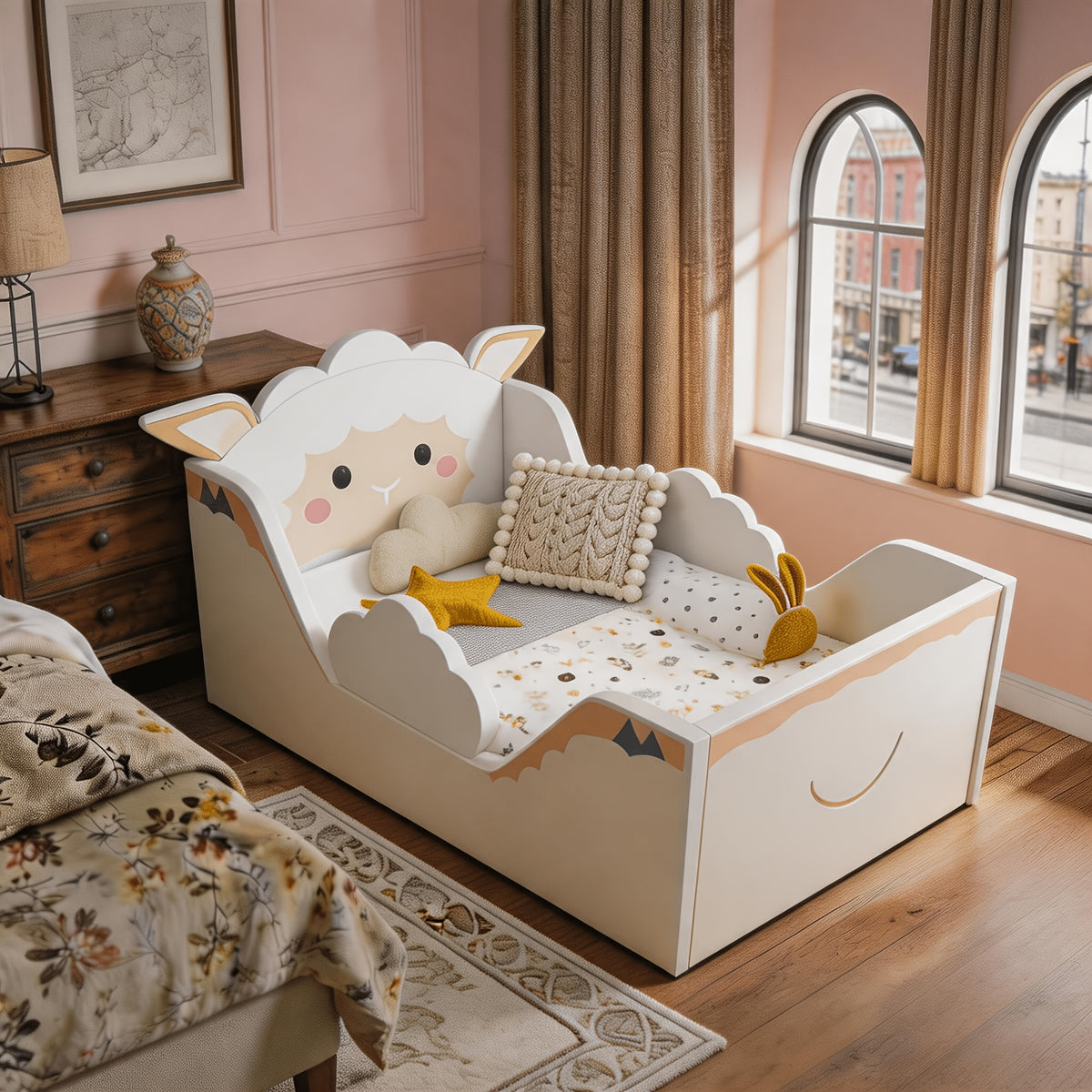 Toddler Floor Bed with Removable Safety Rails And Storage Bag, Kids Bed for Girls And Boys, Standard Crib Size, Safety Upholstered Beds, Low to Floor Design