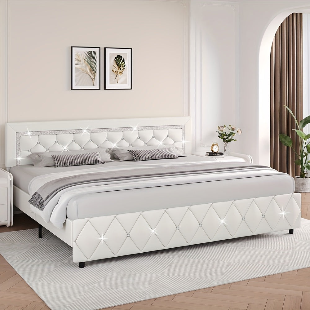 HOMBCK Twin Full Queen King Bed Frame, Padded Platform Bed with Button Tufting Headboard, Princess Platform Bed with Diamond Design, Halloween Decoration, Wooden Strip Support, No Spring Box Needed, Easy to Assemble, Pink/White/Black/Beige