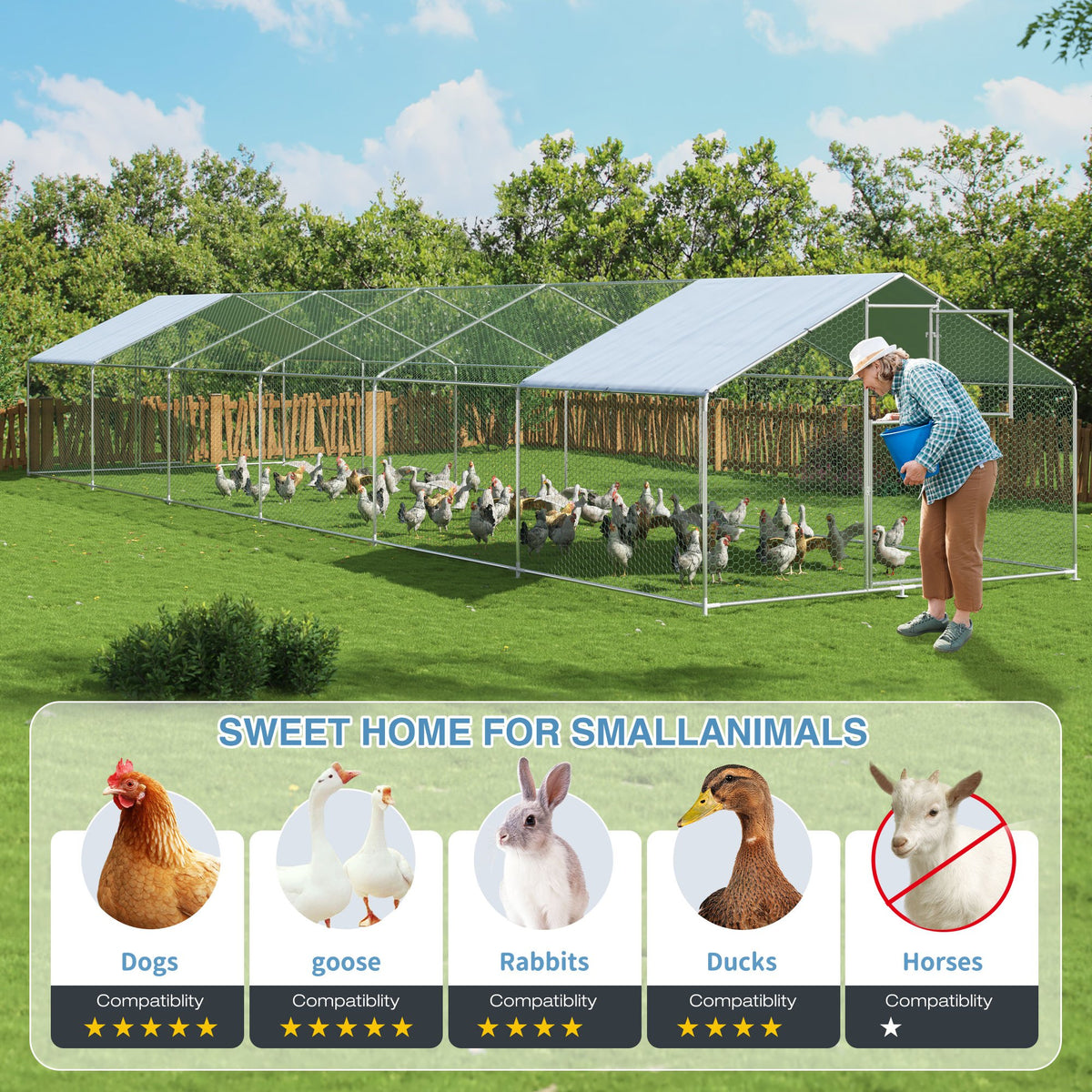 Walk-In Chicken Run with Feeding Port and UV-Resistant Cover, Galvanized Outdoor Poultry Enclosure