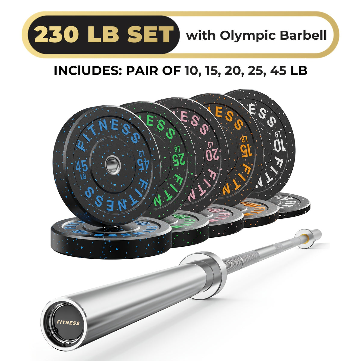 Rubber Bumper Plates with 7ft Barbell, 70LB to 410LB Heavy Duty Weight Plates + 2-Inch Barbell Combo, Bumper Plates with Steel Hub, Home Gym Strength Training for Deadlift Squat Bench Press, 1 Barbell Per Set