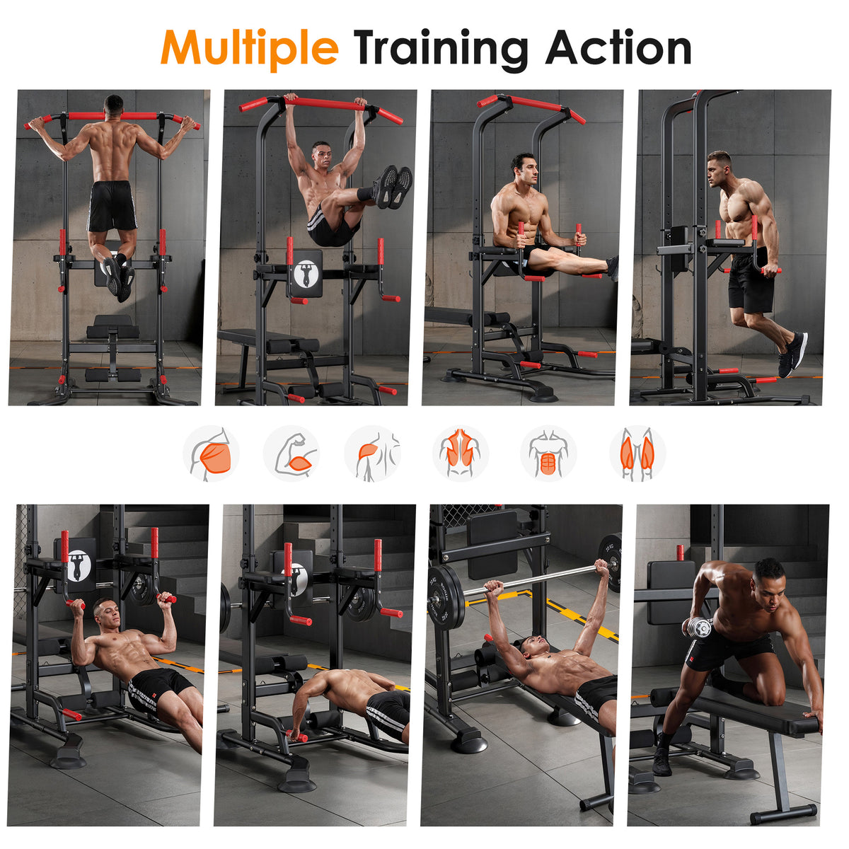 Pull Up Bar Dip Station, Power Tower with Folding Dumbbell Bench & Backrest, Adjustable Height Pull Up Bar Stand, Multi-Function Home Gym Strength Training Fitness Equipment 330LBS
