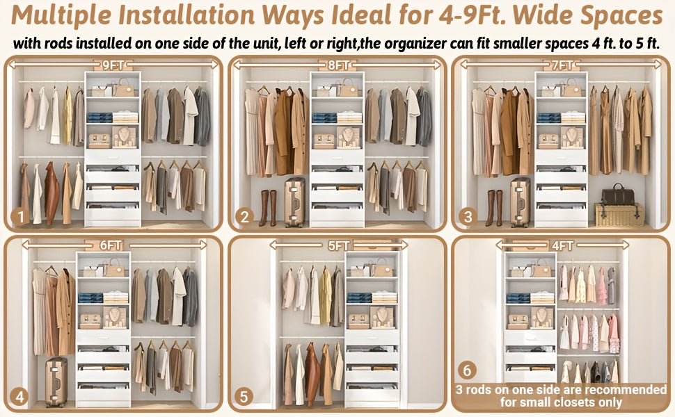 Closet System, Closet Organizer System with 4 Wooden Drawers, Walk-in Closet Wardrobe Clothes Rack with 4 Hanging Rods, Fit for 4-9ft Space, Garment Rack, White, Mounted Closet Systems