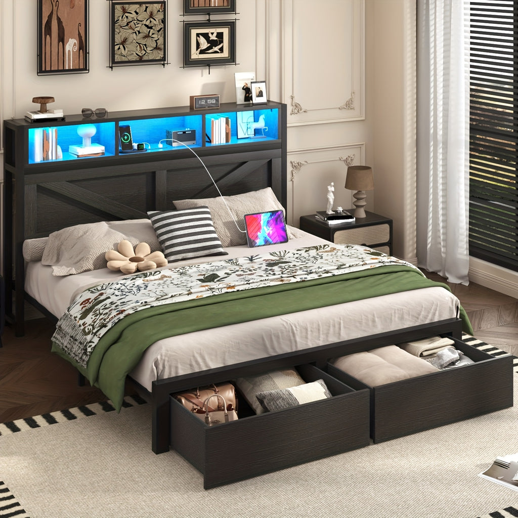 Farmhouse Bed Frame with Storage Headboard, LED Lights, Charging Station and 2 Drawers, Arrow Design, No Box Spring Needed, Rustic Brown