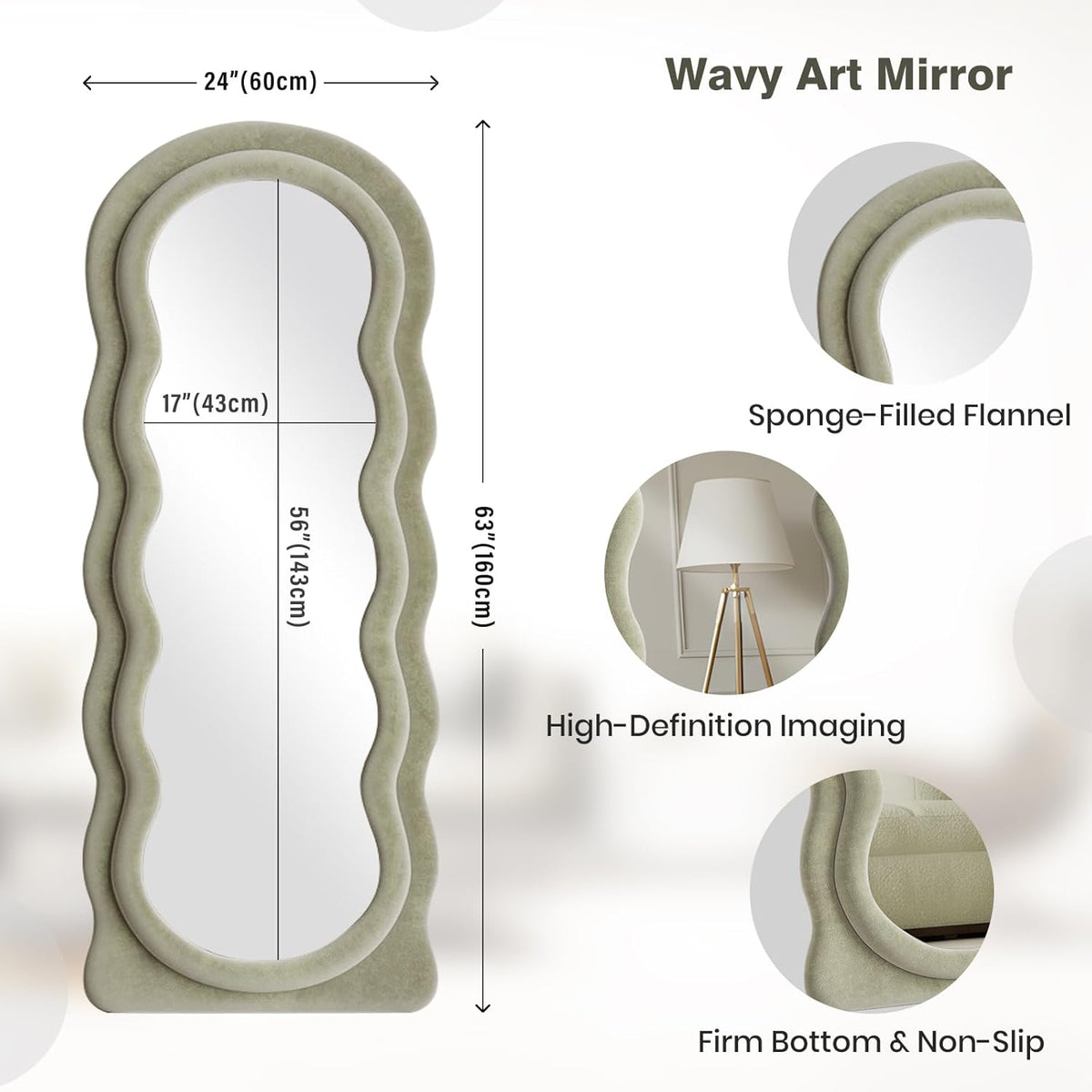 63"x24" Large Arched Full Body Mirror with Hot Pink Flannel Wrapped Frame & Stable Stand - Contemporary Floor Standing or Wall-Mounted/Leaning Mirror for Bedroom, Dressing Room, Entryway - No Electrical Required, Durable Construction
