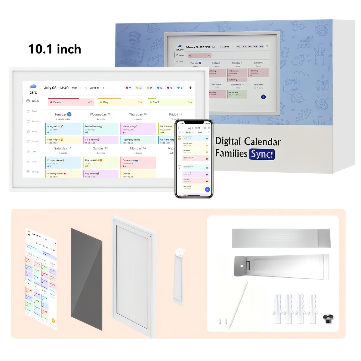 Digital Calendar Software, Size 10.1 Inches - An Interactive Online Scheduling Tool with A Color Grid, Recurring Events And Management Functions, No Installation Required, Including A Kit Of Nails, Supports, Electronic Pens, Etc.