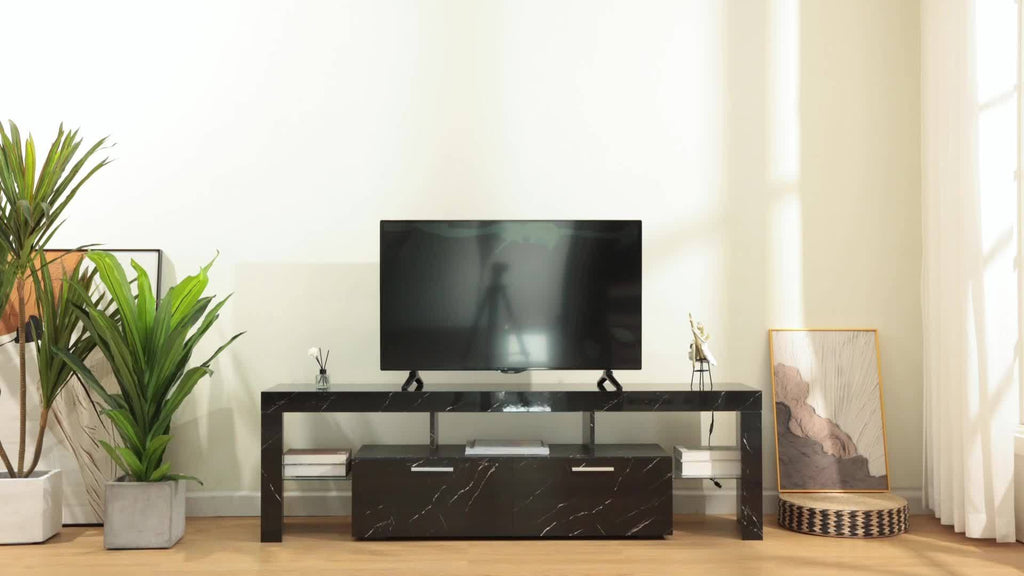 66 Inch White Black Marble TV Stand For 75 Inch TV, LED Gaming Entertainment Center, Glossy TV Console Table With Storage Drawers And Glass Shelves Xbox PS5 Game Console Cabinet For Living Room