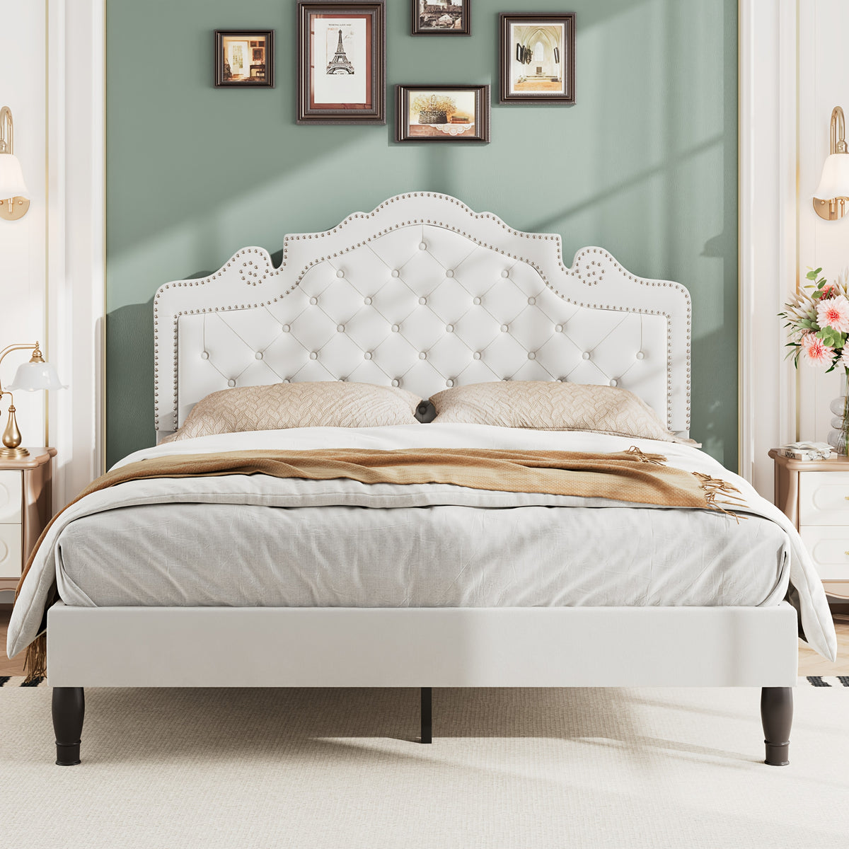 WEEWAY Full/Queen/King Bed Frame with Velvet Adjustable Tiara Curved Headboard And High Resilience, Upholstered Diamond Button Tufted Platform Bed with Wood Slats/No Box Spring Needed/Noise Free/Black/Dark Grey