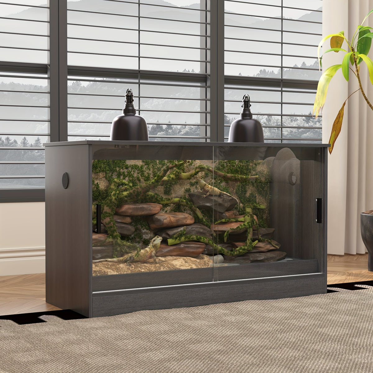 [Reptile Terrarium Cabinet] Large Reptile Enclosure with Sliding Glass Doors, Ventilated Terrarium Cabinet with Dual Air Vents, Easy Access Design, for Reptiles And Amphibians, Black Grey