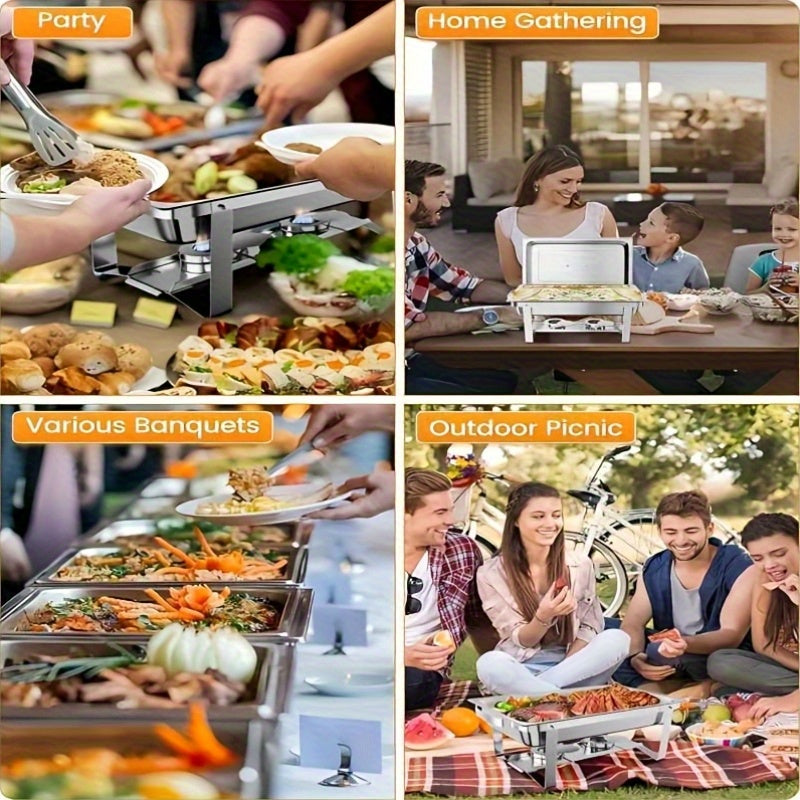 6pcs Chafing Dish Buffet Set, 9 Qt Stainless Steel Buffet Servers And Warmers With Foldable Frame, Food Pan, Fuel Holder And Lid For Halloween, Christmas, Home Parties, Only For Cooking