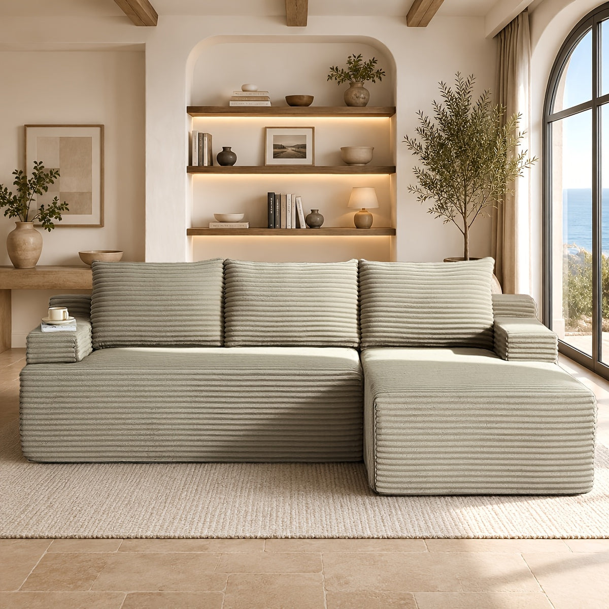 L-Shaped Cloud Sofa, 3-Seater Corduroy Sectional Couch with Oversized Chaise, Deep Seat Modular Sofa, No Assembly Required, Modern Couch for Living Room & Bedroom