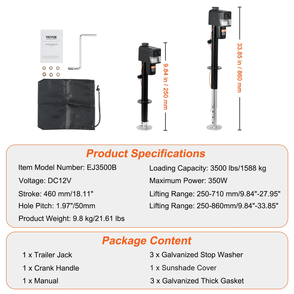 VEVOR Electric Trailer Jack, Power Tongue Jack Weight Capacity 3500 lbs, 9.84"-33.85" Electric Tongue Jack with Cover for Lifting RV Trailer, Horse Trailer, Utility Trailer, Yacht Trailer