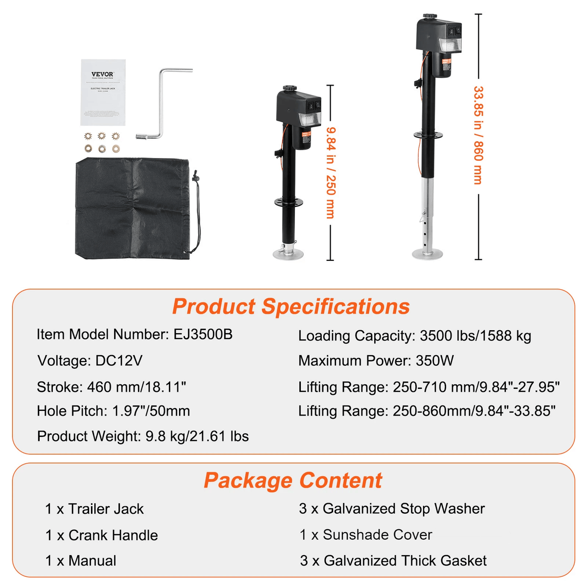 VEVOR Electric Trailer Jack, Power Tongue Jack Weight Capacity 3500 lbs, 9.84"-33.85" Electric Tongue Jack with Cover for Lifting RV Trailer, Horse Trailer, Utility Trailer, Yacht Trailer
