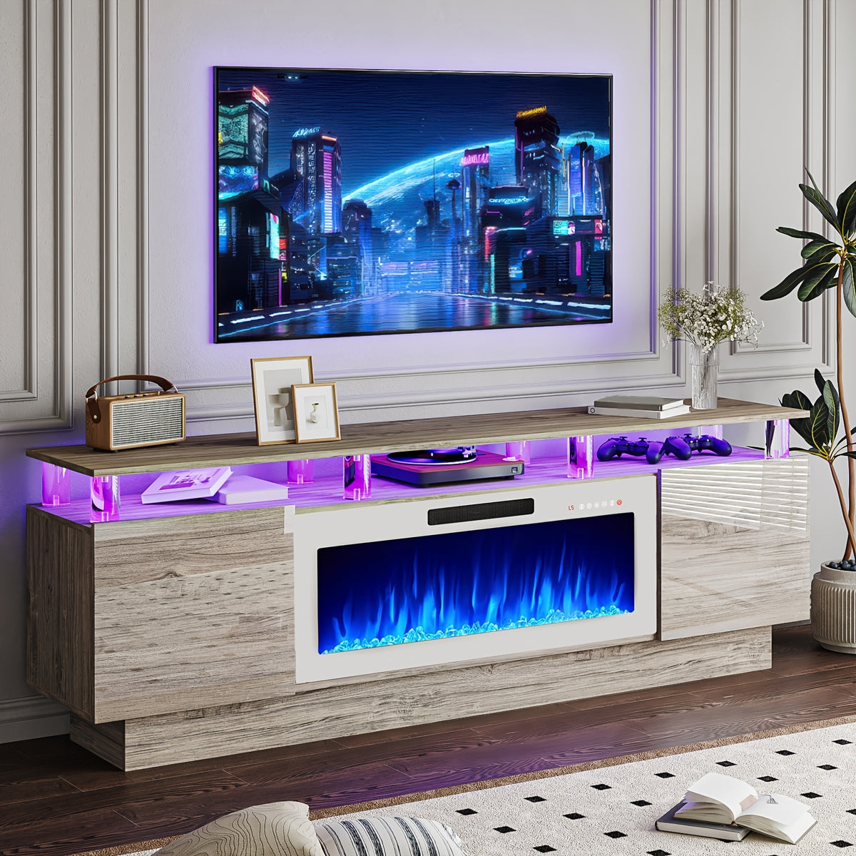 Fireplace TV Stand with 36-Inch Electric Fireplace, 70-Inch LED Light Entertainment Center with High Gloss Cabinet, 2-Tier Modern Wood Media TV Console for Living Room