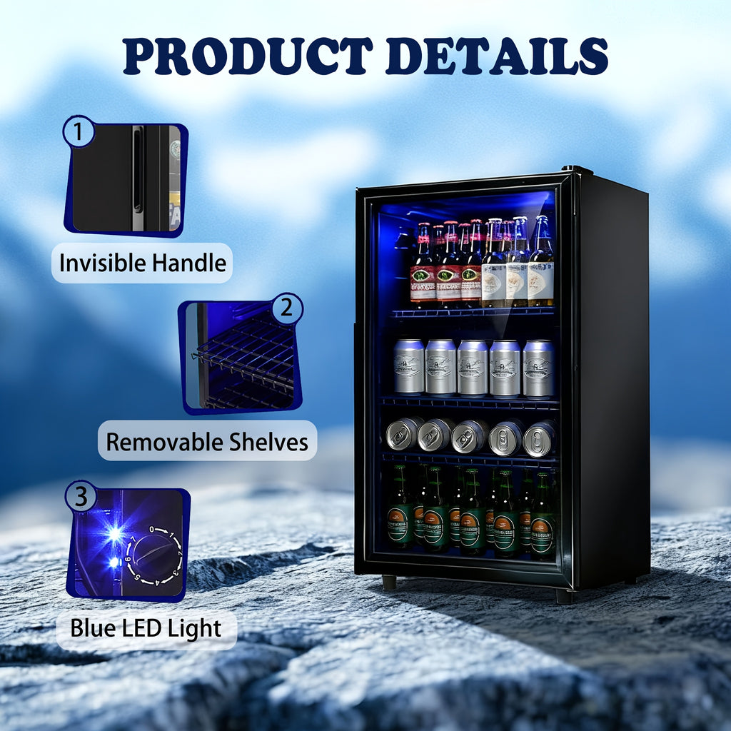 Beverage Fridge, Mini Fridge With Glass Door, Beverage Cooler Refrigerator, Wine Drink Beer Cooler, Adjustable Shelves & Temperature Control