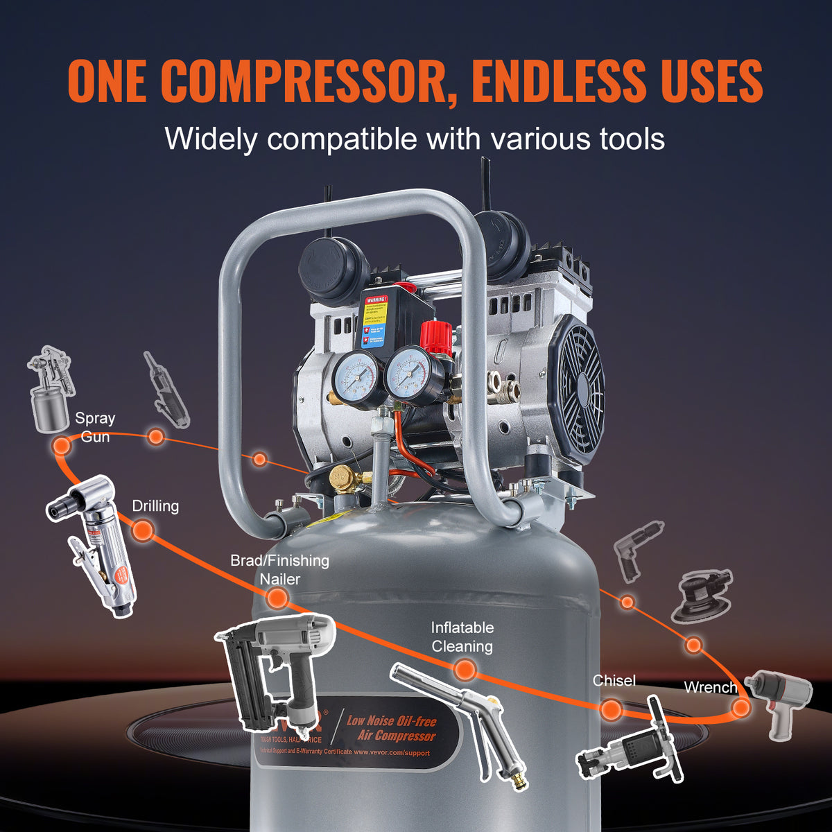 VEVOR 13 Gallon Air Compressor, 2HP 4.6 SCFM90PSI Oil Free Air Compressor Tank with 125PSI Max Pressure, 66dB Ultra-Quiet Compressor for Tire Inflation, Auto Repair, Woodwork Nailing, Spray Painting