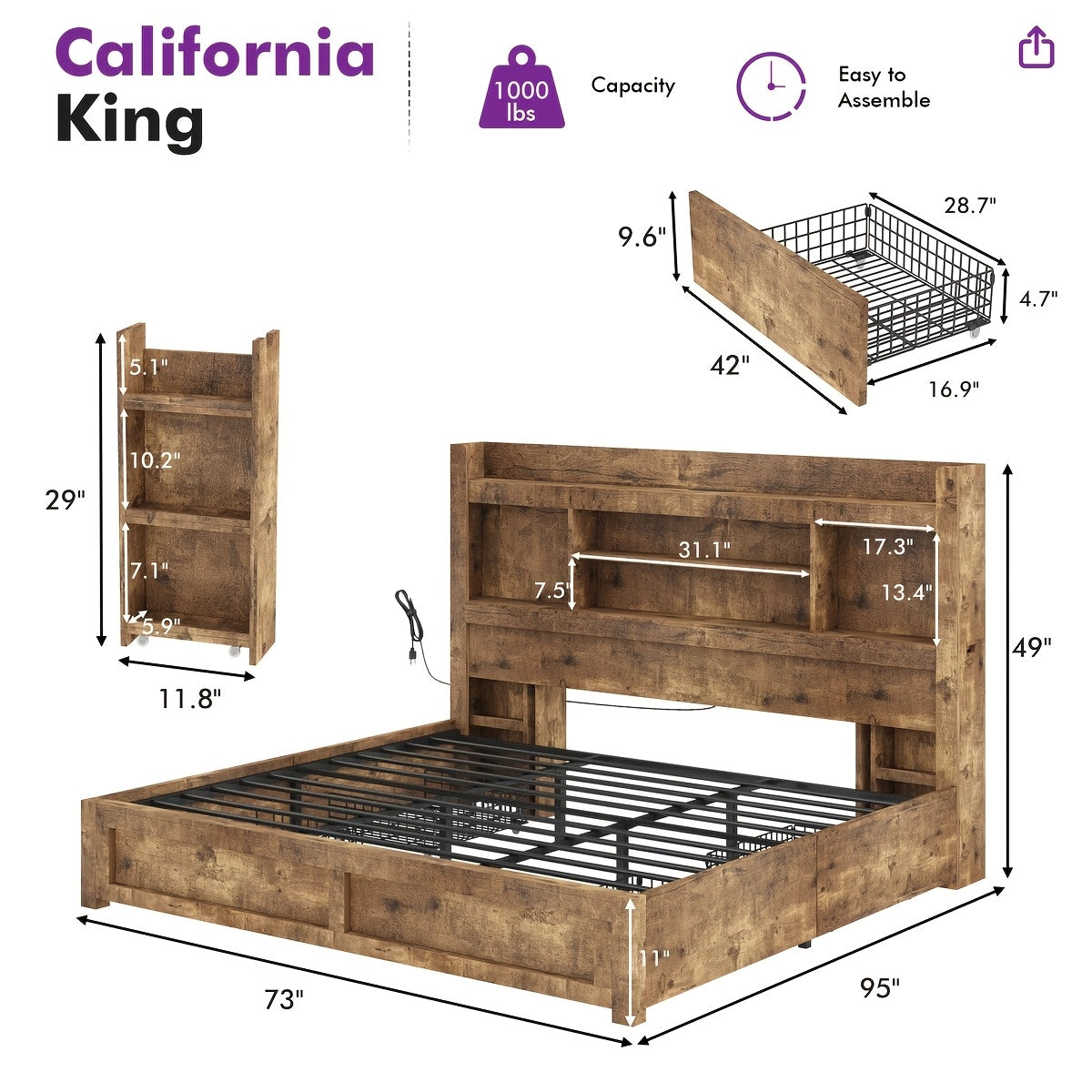 Farmhouse Wooden Bed Frame with 4 Storage Drawers, LED Bed Frame with 49" Tall Bookcase Headboard, Wood Platform Bed with Charging Station And 2 Slide Bedside Shelves