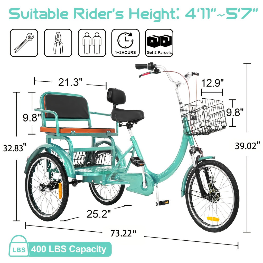Adult Tricycle 20-Inch Cruiser Bike, Low-Step Design with Adjustable Seat and Front/Rear Baskets