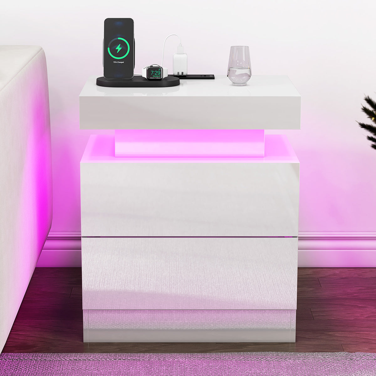 High Gloss LED Nightstand Set of 2 with Charging Station, Modern Bedside Table Night Stand with LED Lights