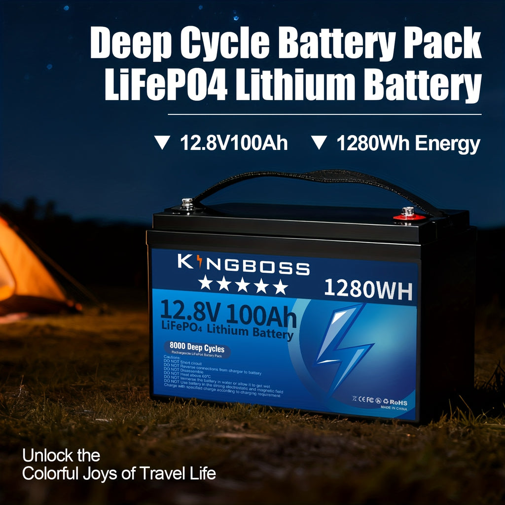 12.8V 100Ah Lifepo4 Battery, Built-In 100A BMS, Grade A Lithium Iron Phosphate Cells, Max. 1280Wh Lithium Iron Phosphate Battery with Up to 15000 Cycles And 10 Years Lifespan for RV, Camper, Solar Energy, Off-Grid, Trolling Motor