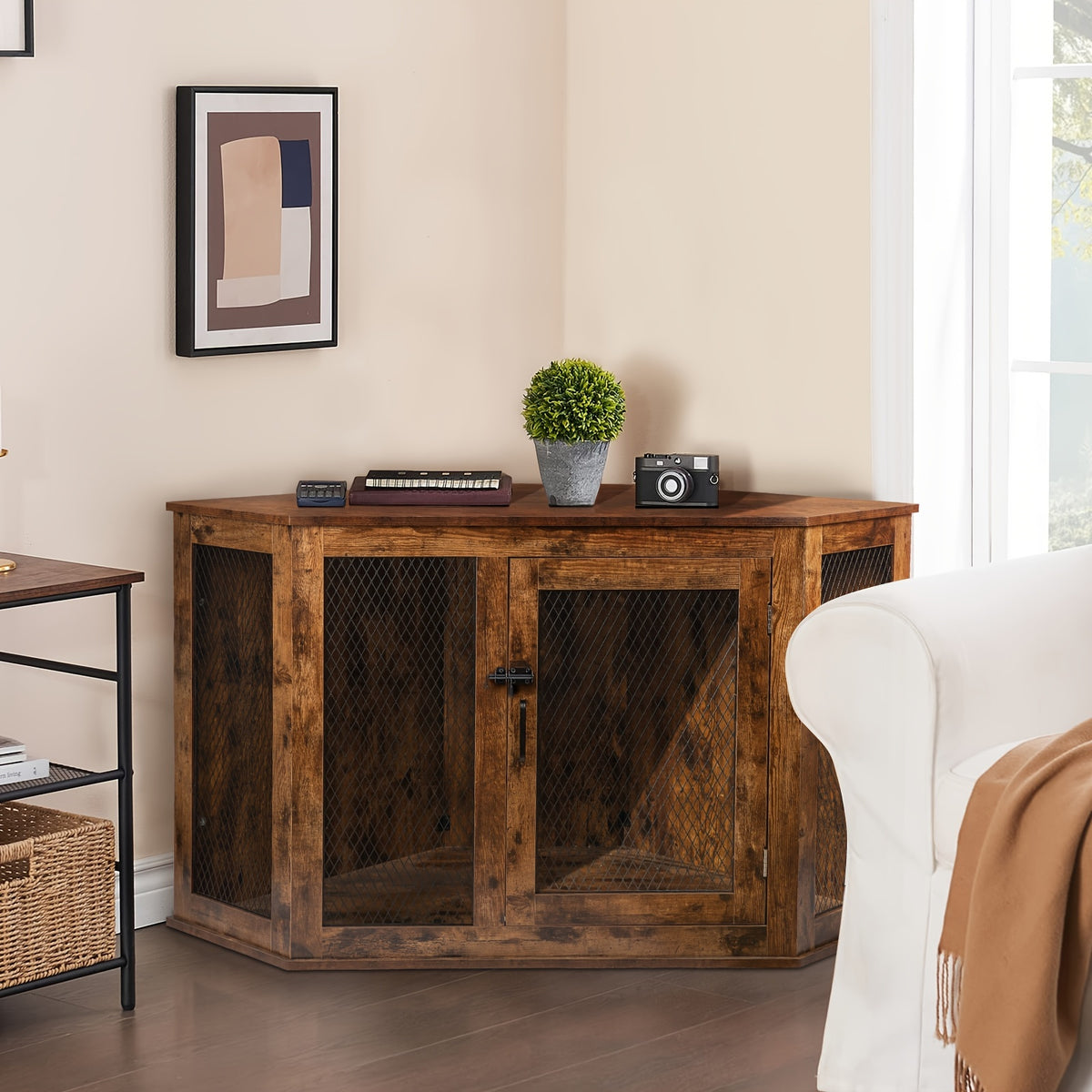 Corner Dog Crate Furniture, 44 Inch Wooden Dog Kennel End Table with Mesh, Decorative Pet Crate Dog House for Large/Medium/Small Dog Indoor Use