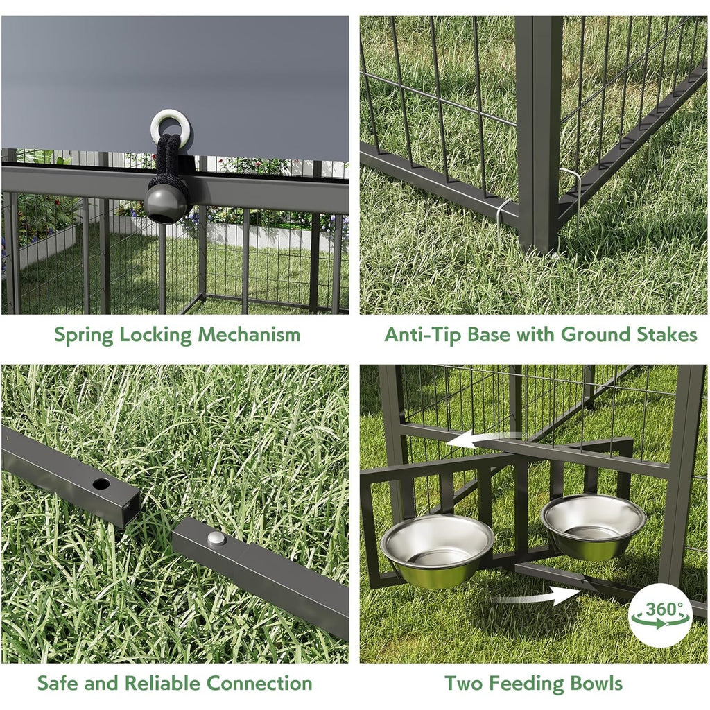 Heavy Duty Outdoor Dog Kennel for Yard, 10x10 Large Chain Link Fence with Roof, Dog Run Enclosure with Self-Locking Latch & Feeding Bowl
