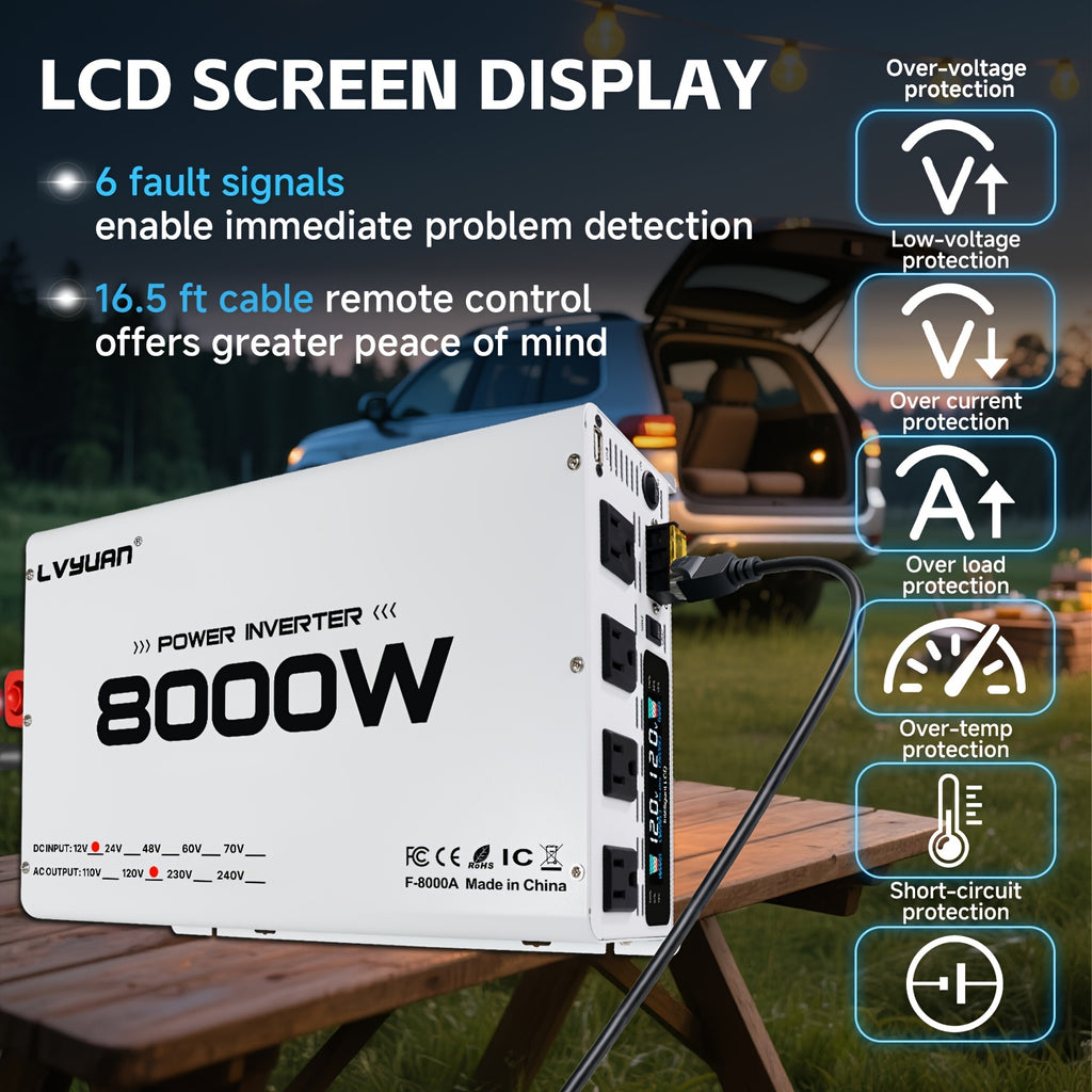 LVYUAN Power Inverter, 8000W (peak), 12V DC to 110V/120V AC Converter, Suitable for Homes, RVs, Boats, Off-grid Solar Systems, And Vehicles. Features USB Charging Ports, 4 AC Power Outlets, Dual USB Ports, An LCD Display, And A Remote Control.