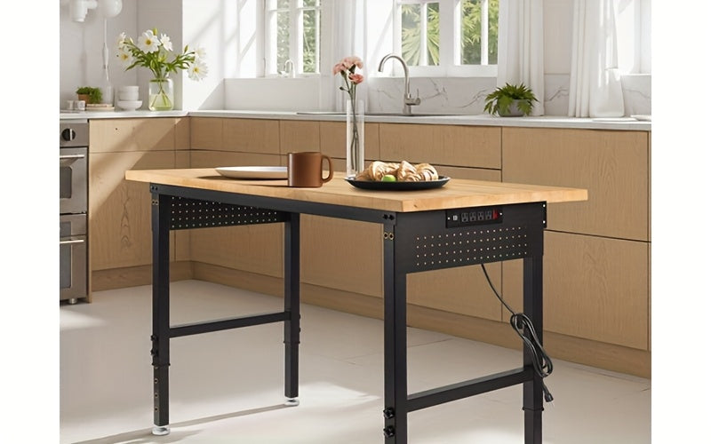 96"84"72"60"48"Adjustable Height Workbench with Power Outlet & Pegboard, 28"-40"Height Heavy Duty Solid Wood Work Table with 2000 to 5000 LBS Load Capacity for Garage, Shop, Office, Home