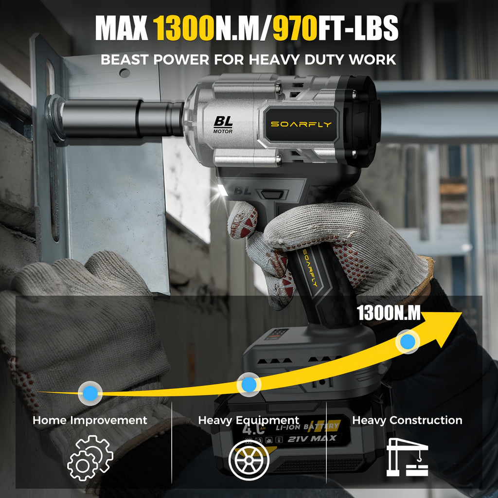 Wireless Impact Wrench, 1300 Nm High-Torque Powerful Wrench 1/2 Impact Gun, 2 4.0Ah Batteries with 21V Max Fast Charging, 5 Sockets, Suitable for Semi-Trailer Tires, Heavy Machinery, Steel Structures
