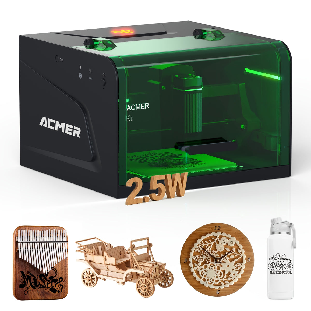 ACMER K1 Laser Engraver: A 2500mW Desktop Laser Engraving Machine With A 150×150mm Working Area And A 0.08mm Fine Engraving Spot. This Compact Laser Cutter Is Ideal For Wood, Plywood, And Acrylic Materials, Meeting The Needs Of Crafters And Small Bu