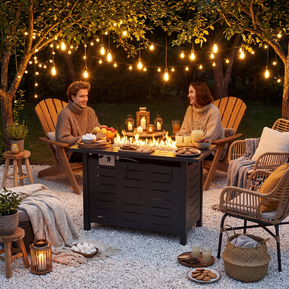 40"/44" Outdoor Propane Fire Pit Table - 50,000 BTU Gas Firepit with Ignition System, Powder-Coated Steel (Black/Brown) W/ Lid, Rocks & Waterproof Cover - Self- for Patio, Backyard, Deck - Propane Heater, BBQ Firewood-Free