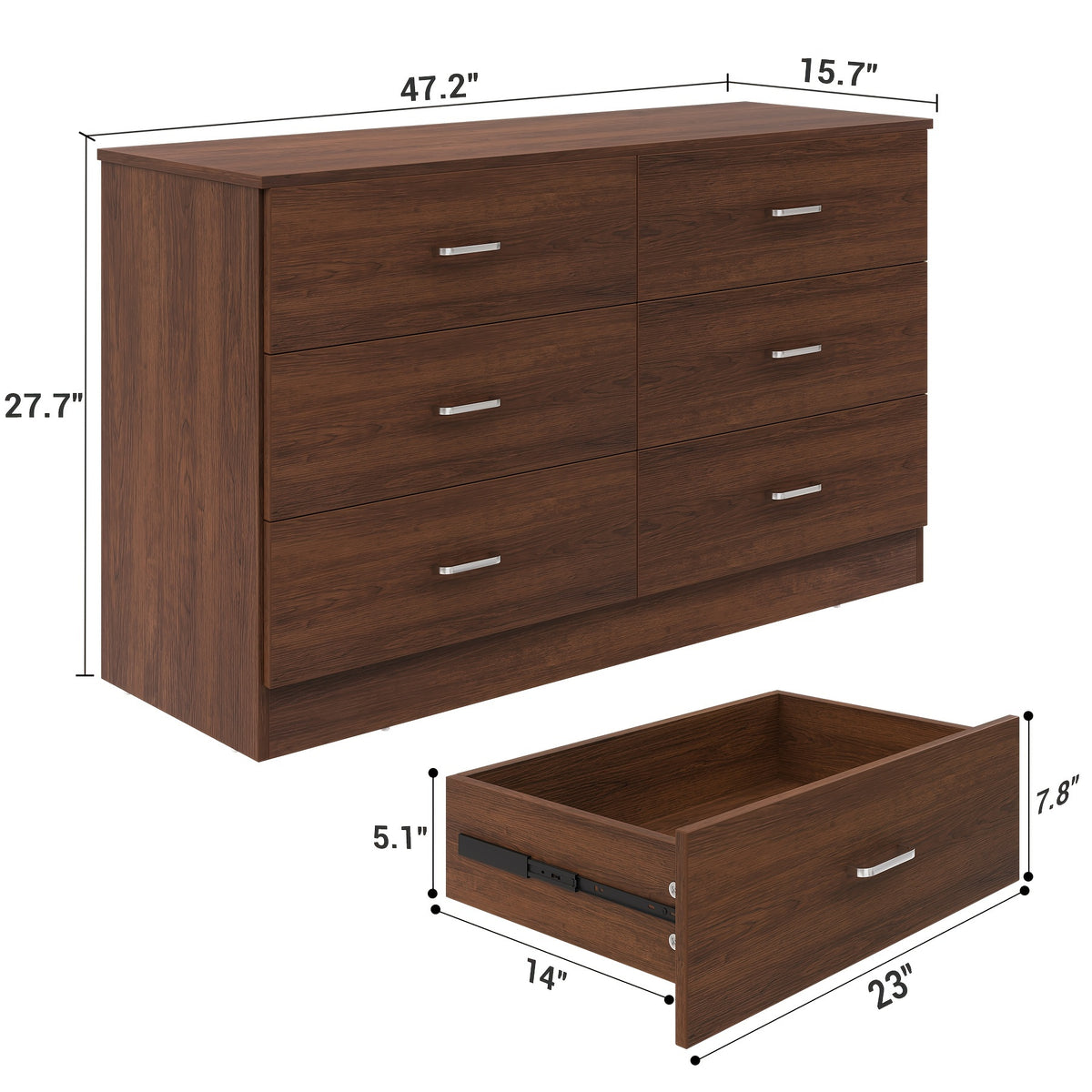 Kuajuz Brown Bedroom Dresser for Bedroom, 6 Drawers Dresser, Large Chest of Drawers Storage Organizer, Long Dresser TV Stand