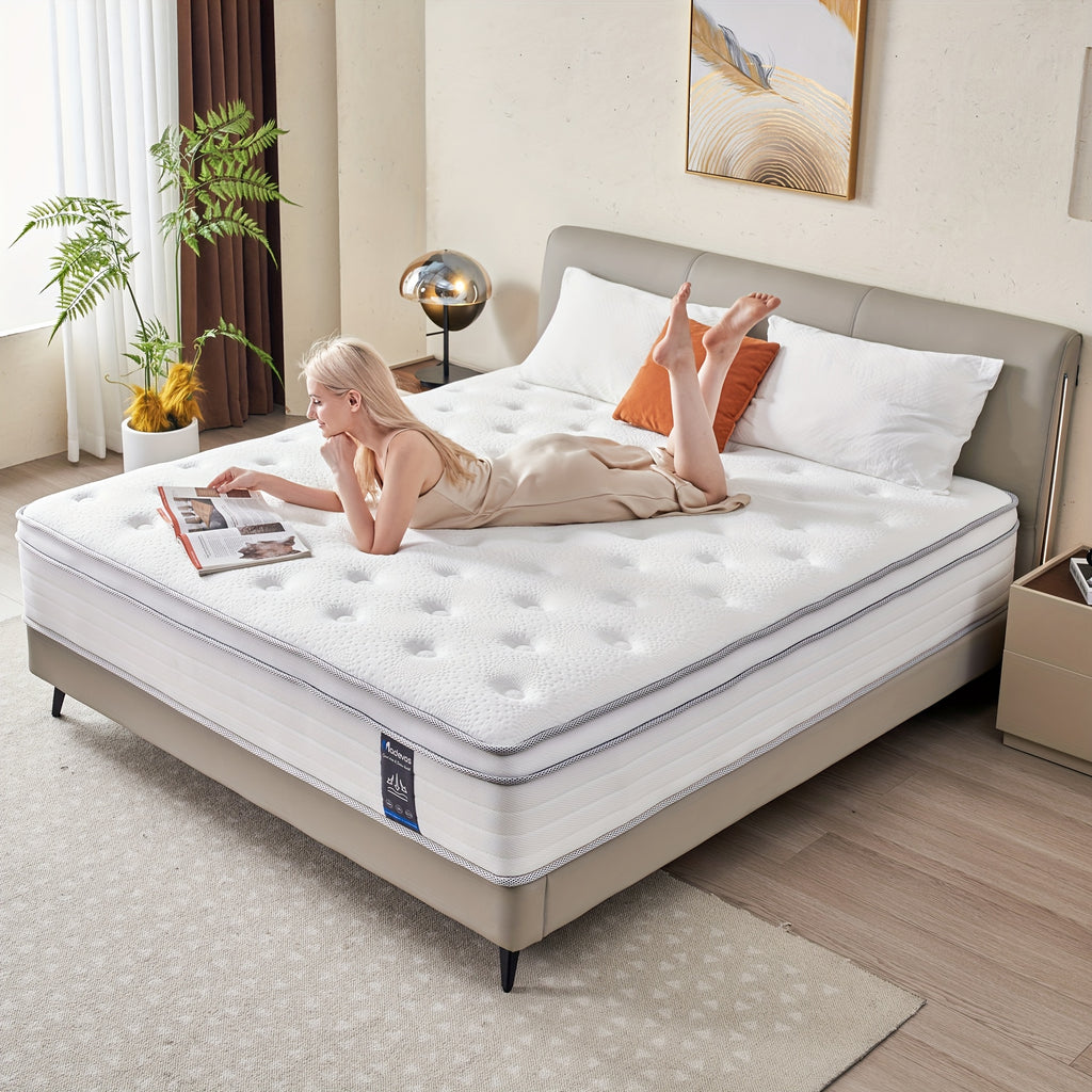 12/14 "Full Queen King Size Memory Foam Mattress - Ergonomic Design, Medium Sturdy Hybrid Mattress, Luxurious Comfort Pocket Spring, White Quilted CoverColchones Para Cama
