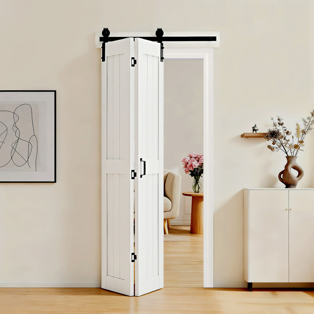 VEVOR Bifold Barn Door, 24" x 84"/36" x 84", MDF Bi-Fold Sliding Closet Doors, Hardware Kit Included, H-Frame Space-Saving Design, Need to Assemble, for Bedroom, Living Room, Wardrobe and Room Divider, White