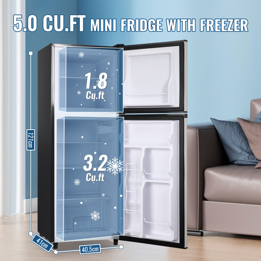 5.0/3.5/2.5 Cu.ft Small Fridge with Freezer 2-Door Compact Refrigerator 7-Level Adjustable Thermostat, Removable Shelves and Bakset, Perfect for Dorm, Office, RV, Bedroom, Silvery